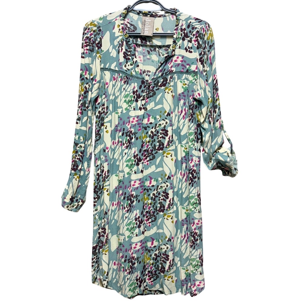 Dolan Left Coast Collection Blue Abstract Floral Roll Tab Shift Dress Small